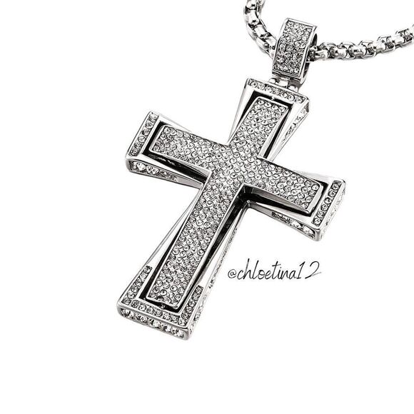 Men’s Large CZ Silver Cross Necklace - Picture 1 of 6
